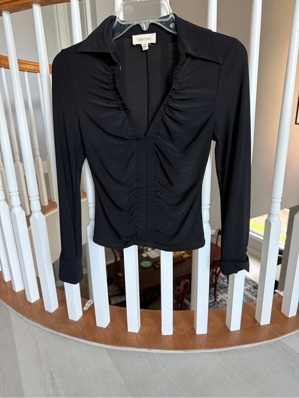 meraki Black Ruched Collared Button-Down Top